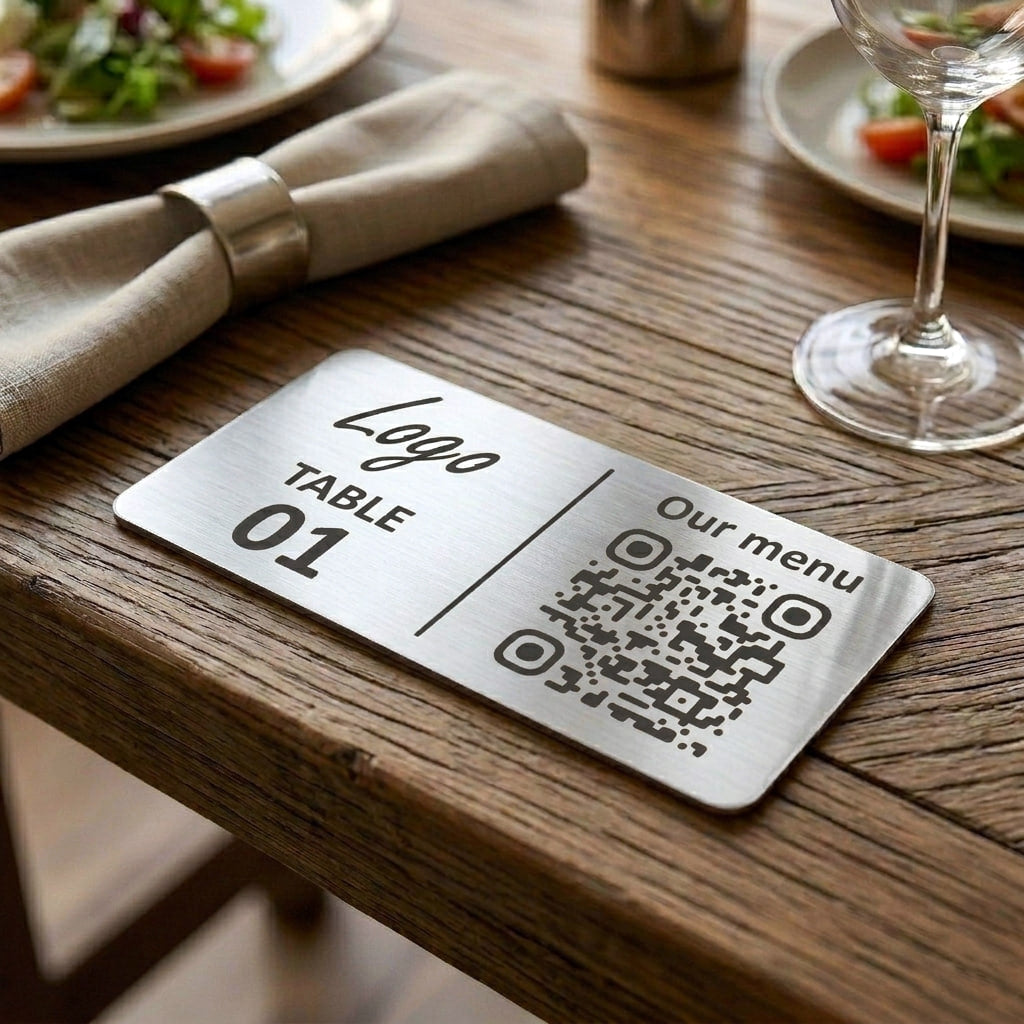 Horizontal Custom QR Code Table Signs (2 parts, Silver) - Laser Engraved Plates for Restaurants, Hotels & Bars - Waterproof Adhesive Menu Display - Personalized Business Signage