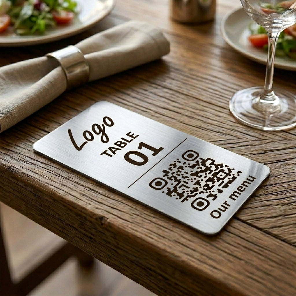 Vertical Custom QR Code Table Signs (2 parts, Silver) - Laser Engraved Plates for Restaurants, Hotels & Bars - Waterproof Adhesive Menu Display - Personalized Business Signage