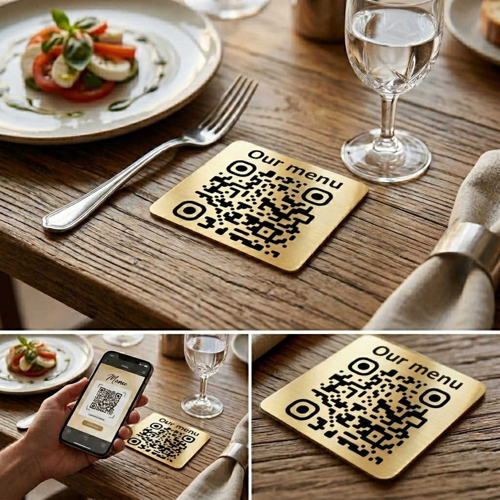 Square Custom QR Code Table Signs (Variant-1) - Laser Engraved Plates for Restaurants, Hotels & Bars - Waterproof Adhesive Menu Display - Personalized Business Signage