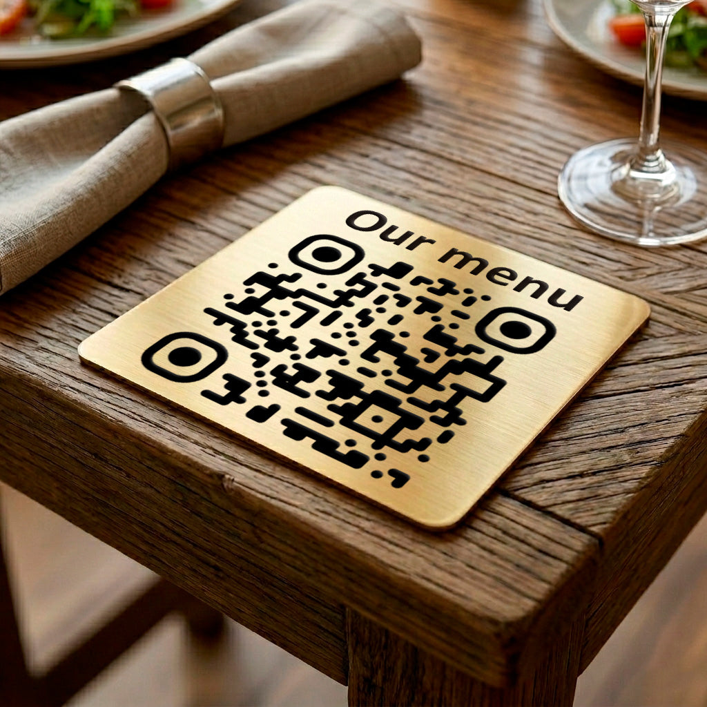 Square Custom QR Code Table Signs (Variant-1, Gold) - Laser Engraved Plates for Restaurants, Hotels & Bars - Waterproof Adhesive Menu Display - Personalized Business Signage