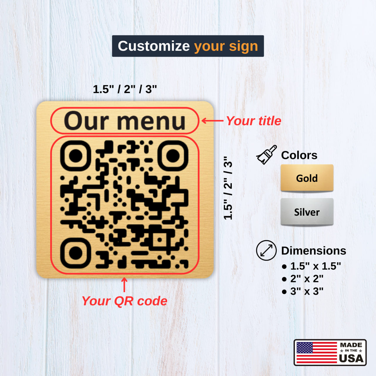Square Custom QR Code Table Signs (Variant-1) - Laser Engraved Plates for Restaurants, Hotels & Bars - Waterproof Adhesive Menu Display - Personalized Business Signage