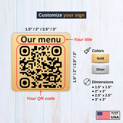 Square Custom QR Code Table Signs (Variant-1) - Laser Engraved Plates for Restaurants, Hotels & Bars - Waterproof Adhesive Menu Display - Personalized Business Signage