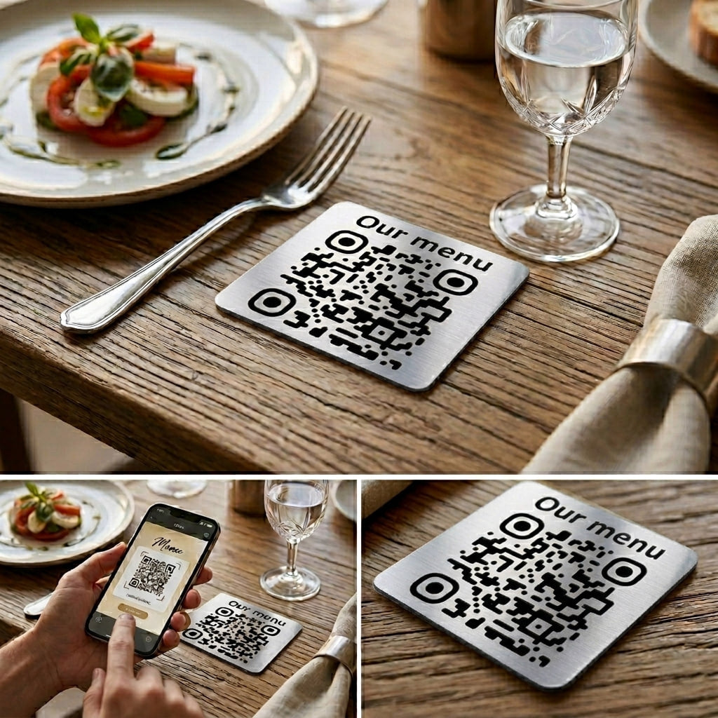 Square Custom QR Code Table Signs (Variant-1) - Laser Engraved Plates for Restaurants, Hotels & Bars - Waterproof Adhesive Menu Display - Personalized Business Signage