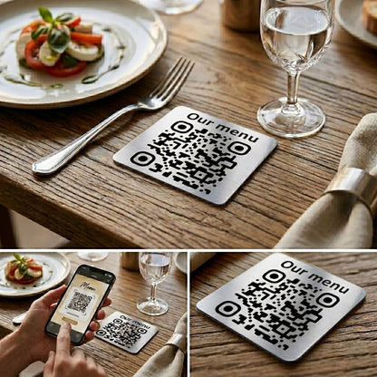 Square Custom QR Code Table Signs (Variant-1) - Laser Engraved Plates for Restaurants, Hotels & Bars - Waterproof Adhesive Menu Display - Personalized Business Signage