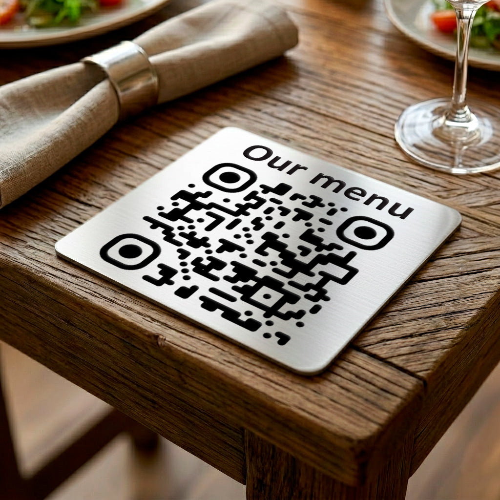 Square Custom QR Code Table Signs (Variant-1, Silver) - Laser Engraved Plates for Restaurants, Hotels & Bars - Waterproof Adhesive Menu Display - Personalized Business Signage