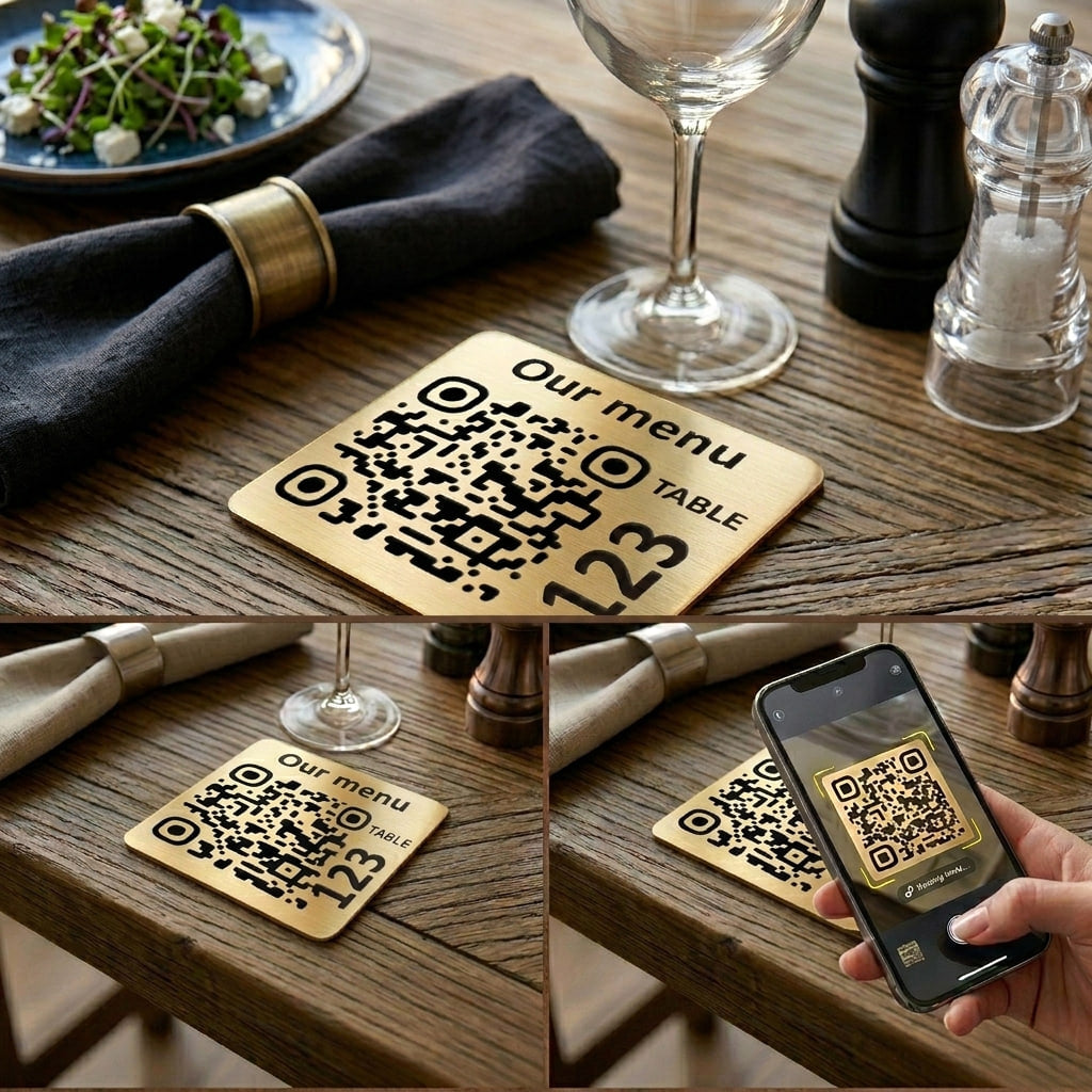 Square Custom QR Code Table Signs (Variant-2) - Laser Engraved Plates for Restaurants, Hotels & Bars - Waterproof Adhesive Menu Display - Personalized Business Signage