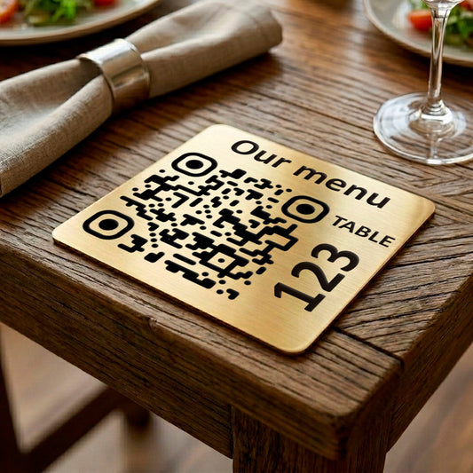 Square Custom QR Code Table Signs (Variant-2, Gold) - Laser Engraved Plates for Restaurants, Hotels & Bars - Waterproof Adhesive Menu Display - Personalized Business Signage