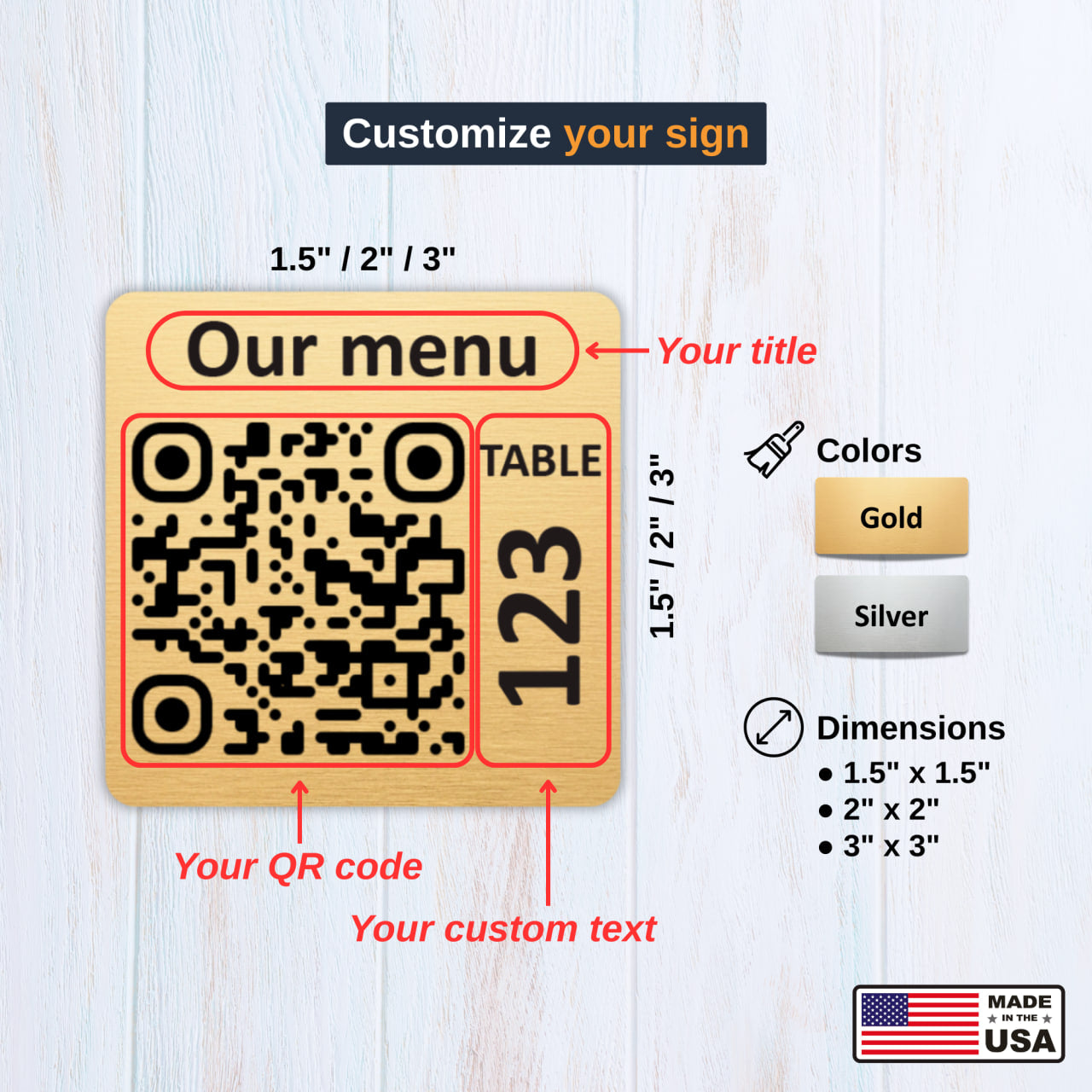Square Custom QR Code Table Signs (Variant-2) - Laser Engraved Plates for Restaurants, Hotels & Bars - Waterproof Adhesive Menu Display - Personalized Business Signage