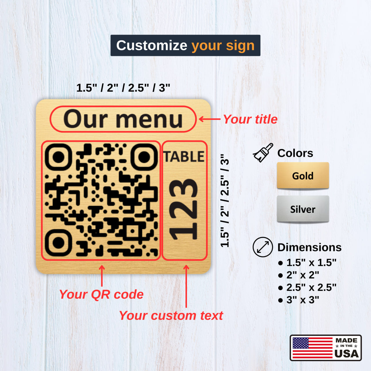 Square Custom QR Code Table Signs (Variant-2) - Laser Engraved Plates for Restaurants, Hotels & Bars - Waterproof Adhesive Menu Display - Personalized Business Signage