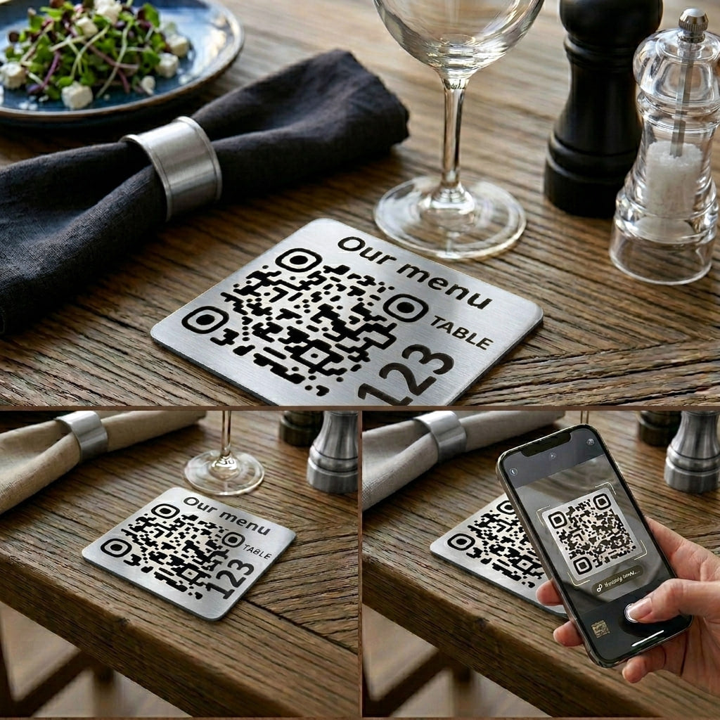 Square Custom QR Code Table Signs (Variant-2) - Laser Engraved Plates for Restaurants, Hotels & Bars - Waterproof Adhesive Menu Display - Personalized Business Signage