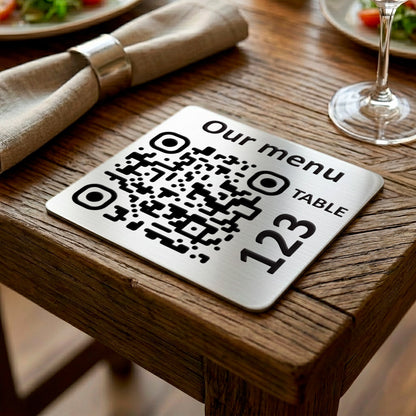 Square Custom QR Code Table Signs (Variant-2, Silver) - Laser Engraved Plates for Restaurants, Hotels & Bars - Waterproof Adhesive Menu Display - Personalized Business Signage