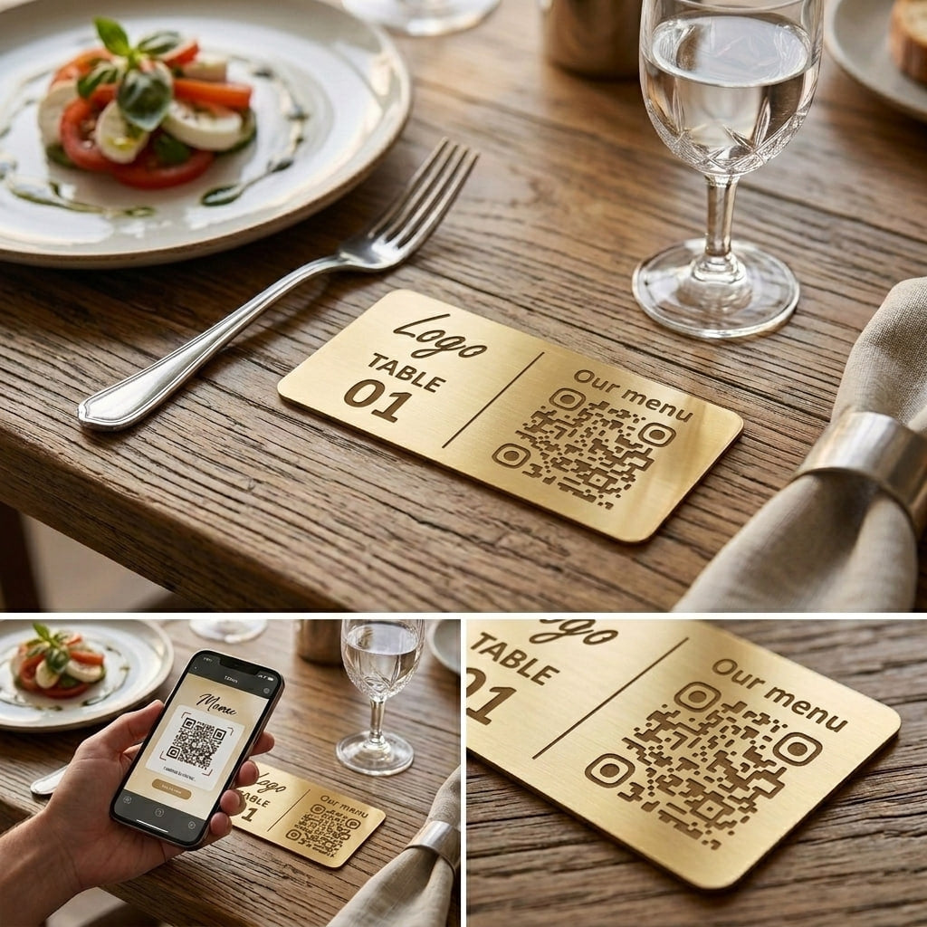 Horizontal Custom QR Code Table Signs (2 parts) - Laser Engraved Plates for Restaurants, Hotels & Bars - Waterproof Adhesive Menu Display - Personalized Business Signage