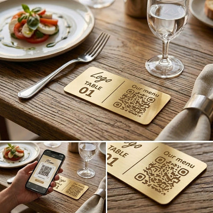 Horizontal Custom QR Code Table Signs (2 parts) - Laser Engraved Plates for Restaurants, Hotels & Bars - Waterproof Adhesive Menu Display - Personalized Business Signage