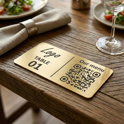 Horizontal Custom QR Code Table Signs (2 parts, Gold) - Laser Engraved Plates for Restaurants, Hotels & Bars - Waterproof Adhesive Menu Display - Personalized Business Signage