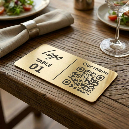 Horizontal Custom QR Code Table Signs (2 parts, Gold) - Laser Engraved Plates for Restaurants, Hotels & Bars - Waterproof Adhesive Menu Display - Personalized Business Signage