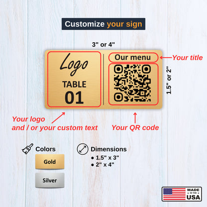 Horizontal Custom QR Code Table Signs (2 parts) - Laser Engraved Plates for Restaurants, Hotels & Bars - Waterproof Adhesive Menu Display - Personalized Business Signage