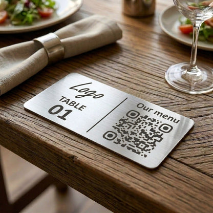 Horizontal Custom QR Code Table Signs (2 parts, Silver) - Laser Engraved Plates for Restaurants, Hotels & Bars - Waterproof Adhesive Menu Display - Personalized Business Signage