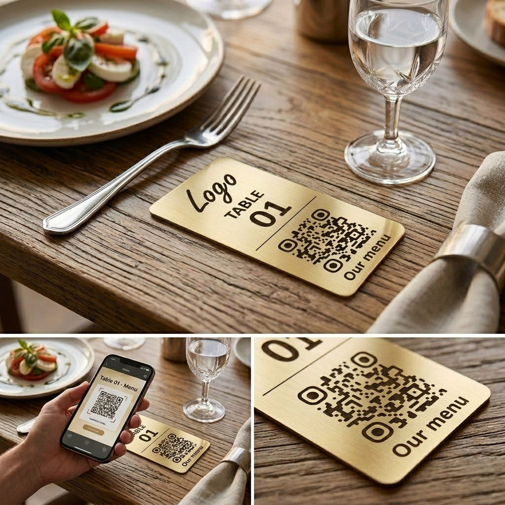 Vertical Custom QR Code Table Signs (2 parts) - Laser Engraved Plates for Restaurants, Hotels & Bars - Waterproof Adhesive Menu Display - Personalized Business Signage