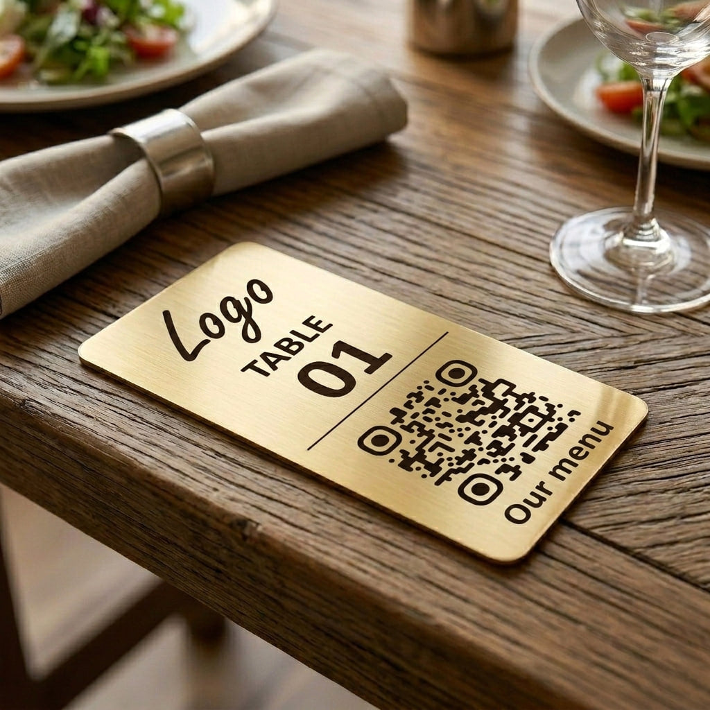 Vertical Custom QR Code Table Signs (2 parts, Gold) - Laser Engraved Plates for Restaurants, Hotels & Bars - Waterproof Adhesive Menu Display - Personalized Business Signage