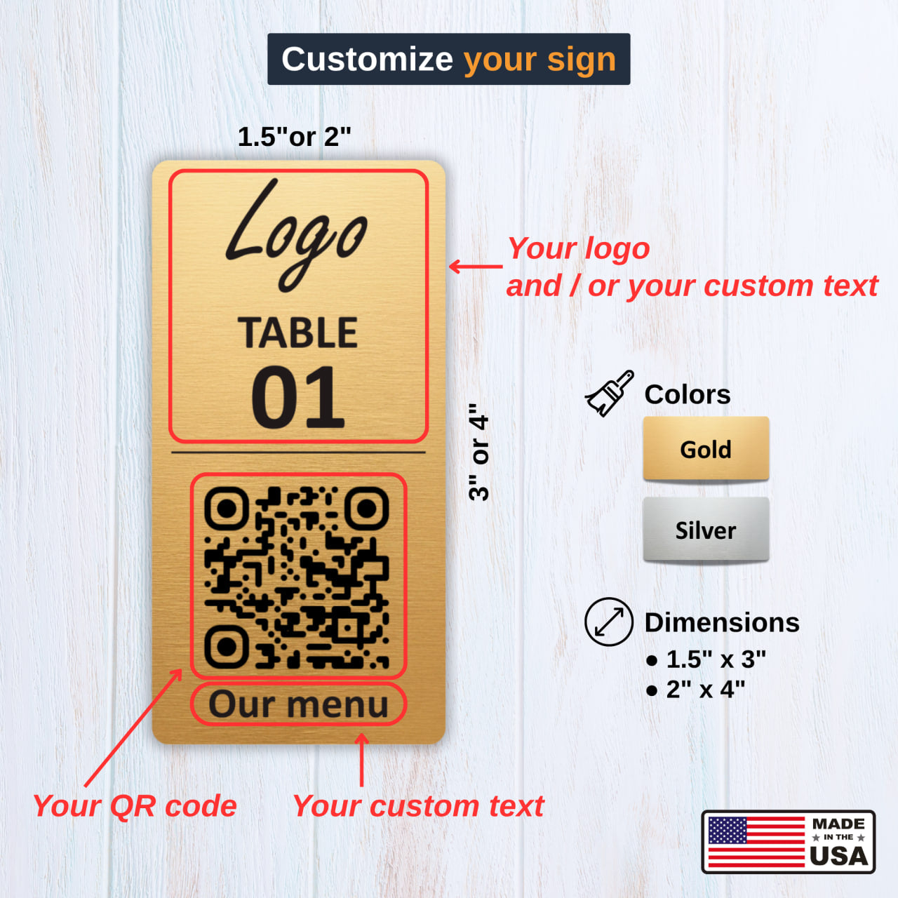 Vertical Custom QR Code Table Signs (2 parts) - Laser Engraved Plates for Restaurants, Hotels & Bars - Waterproof Adhesive Menu Display - Personalized Business Signage