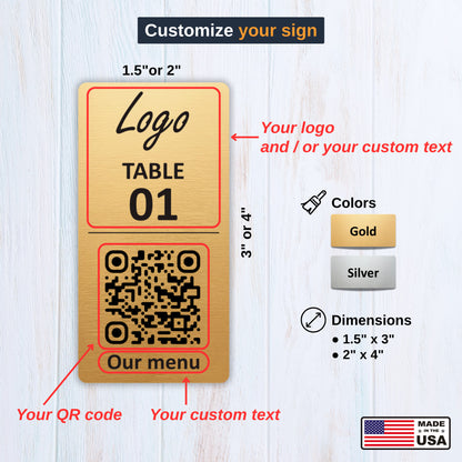 Vertical Custom QR Code Table Signs (2 parts) - Laser Engraved Plates for Restaurants, Hotels & Bars - Waterproof Adhesive Menu Display - Personalized Business Signage