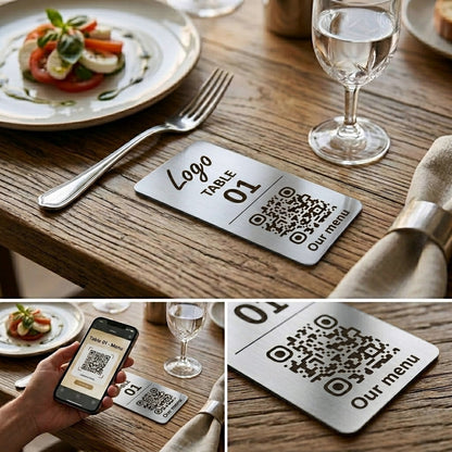 Vertical Custom QR Code Table Signs (2 parts) - Laser Engraved Plates for Restaurants, Hotels & Bars - Waterproof Adhesive Menu Display - Personalized Business Signage