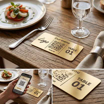 Horizontal Custom QR Code Table Signs (3 parts) - Laser Engraved Plates for Restaurants, Hotels & Bars - Waterproof Adhesive Menu Display - Personalized Business Signage