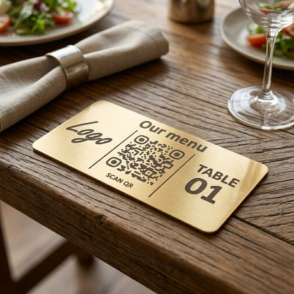 Horizontal Custom QR Code Table Signs (3 parts, Gold) - Laser Engraved Plates for Restaurants, Hotels & Bars - Waterproof Adhesive Menu Display - Personalized Business Signage