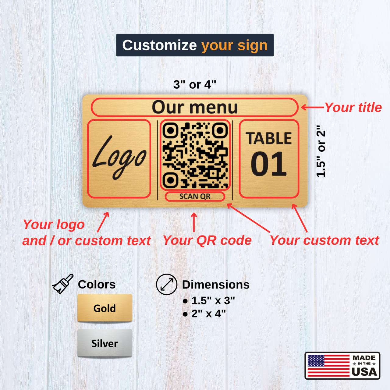 Horizontal Custom QR Code Table Signs (3 parts) - Laser Engraved Plates for Restaurants, Hotels & Bars - Waterproof Adhesive Menu Display - Personalized Business Signage