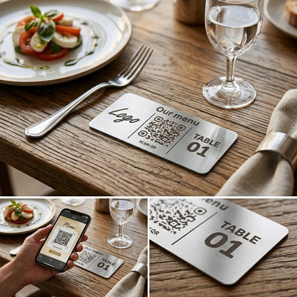 Horizontal Custom QR Code Table Signs (2 parts) - Laser Engraved Plates for Restaurants, Hotels & Bars - Waterproof Adhesive Menu Display - Personalized Business Signage