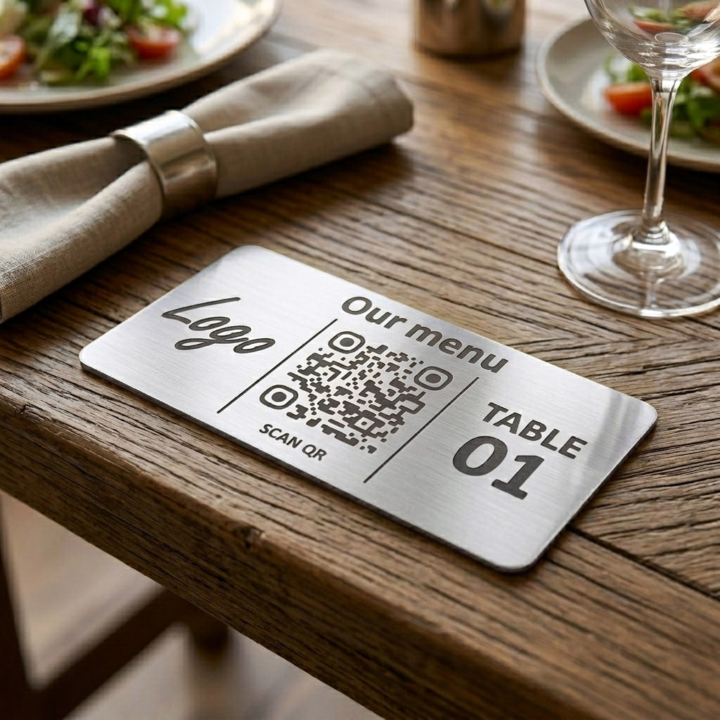 Horizontal Custom QR Code Table Signs (3 parts, Silver) - Laser Engraved Plates for Restaurants, Hotels & Bars - Waterproof Adhesive Menu Display - Personalized Business Signage