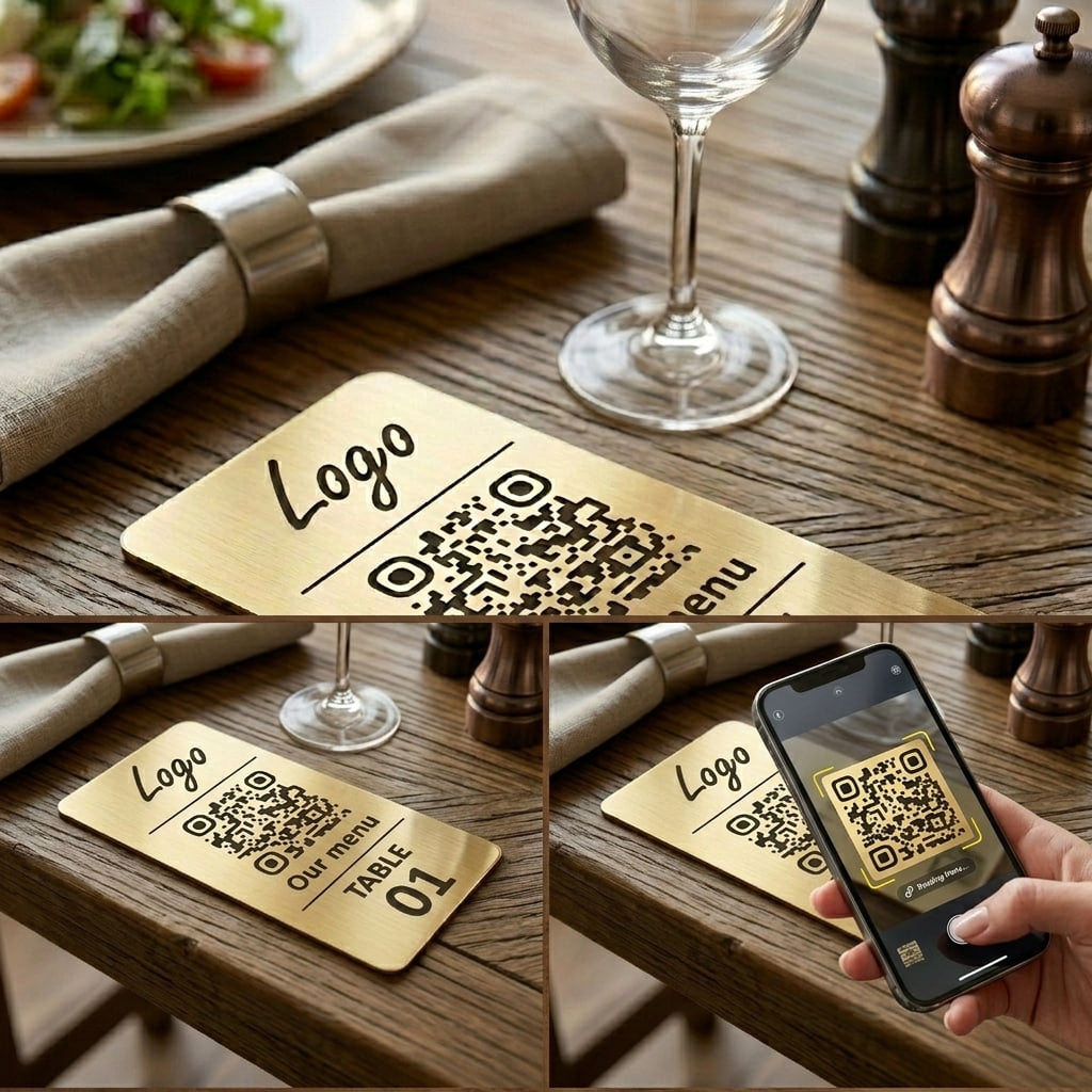 Vertical Custom QR Code Table Signs (3 parts) - Laser Engraved Plates for Restaurants, Hotels & Bars - Waterproof Adhesive Menu Display - Personalized Business Signage