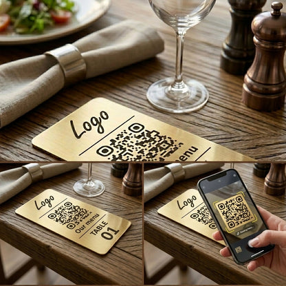 Vertical Custom QR Code Table Signs (3 parts) - Laser Engraved Plates for Restaurants, Hotels & Bars - Waterproof Adhesive Menu Display - Personalized Business Signage