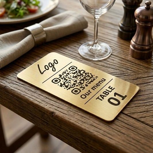 Vertical Custom QR Code Table Signs (3 parts, Gold) - Laser Engraved Plates for Restaurants, Hotels & Bars - Waterproof Adhesive Menu Display - Personalized Business Signage