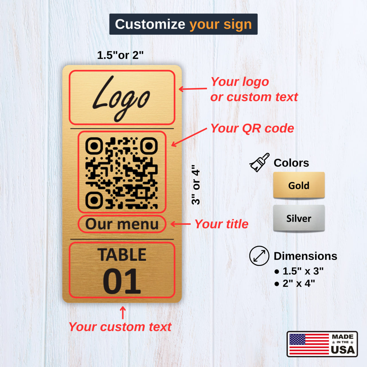 Vertical Custom QR Code Table Signs (3 parts) - Laser Engraved Plates for Restaurants, Hotels & Bars - Waterproof Adhesive Menu Display - Personalized Business Signage
