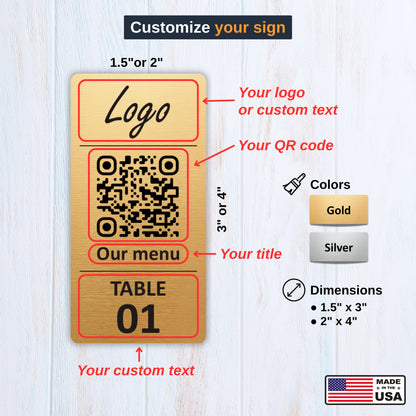 Vertical Custom QR Code Table Signs (3 parts) - Laser Engraved Plates for Restaurants, Hotels & Bars - Waterproof Adhesive Menu Display - Personalized Business Signage
