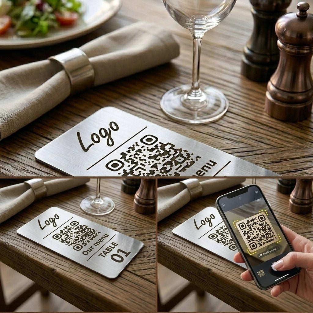Vertical Custom QR Code Table Signs (3 parts) - Laser Engraved Plates for Restaurants, Hotels & Bars - Waterproof Adhesive Menu Display - Personalized Business Signage
