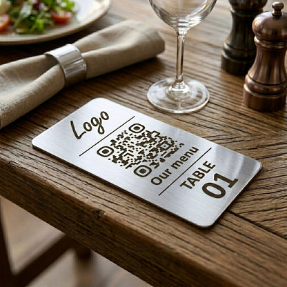 Vertical Custom QR Code Table Signs (3 parts, Silver) - Laser Engraved Plates for Restaurants, Hotels & Bars - Waterproof Adhesive Menu Display - Personalized Business Signage