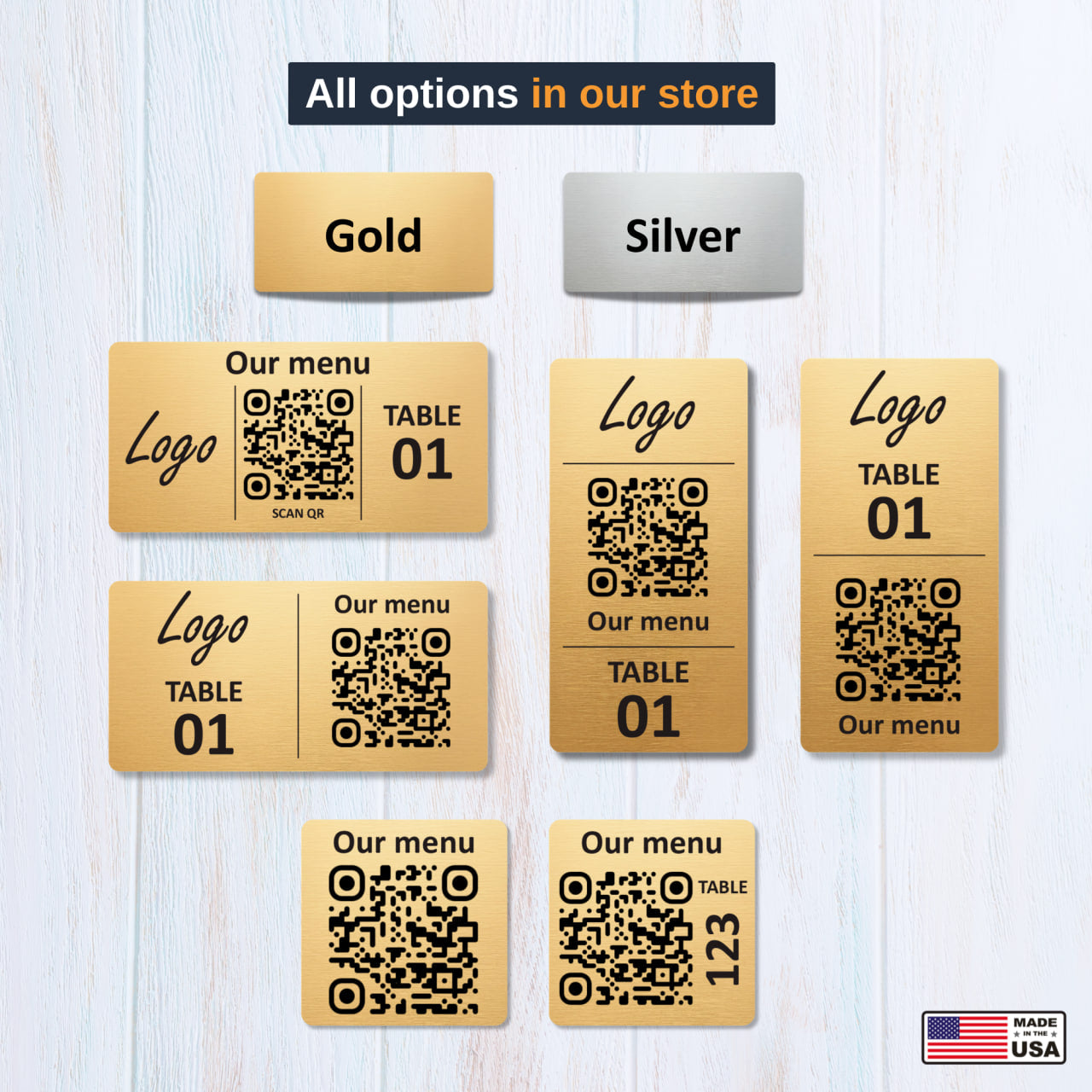 Horizontal Custom QR Code Table Signs (3 parts) - Laser Engraved Plates for Restaurants, Hotels & Bars - Waterproof Adhesive Menu Display - Personalized Business Signage